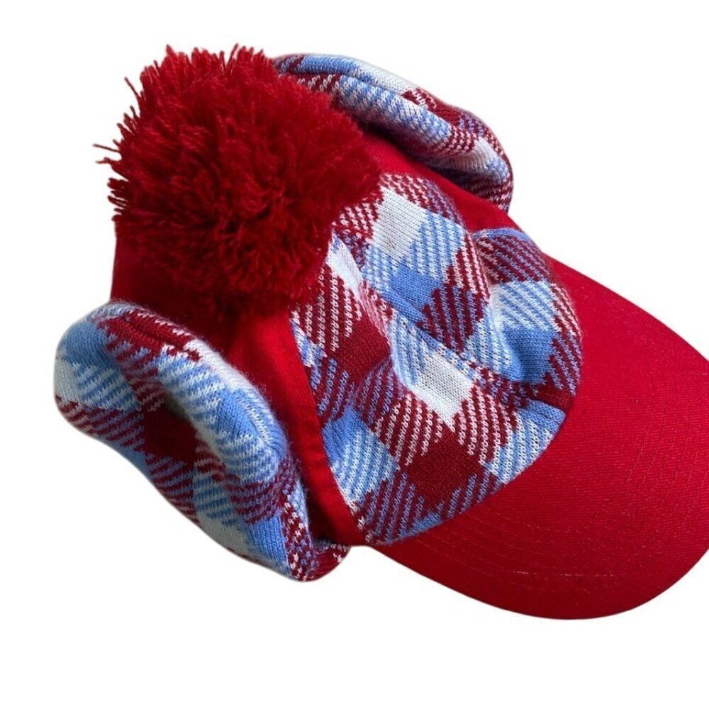 Red White Blue Plaid Hat Ear Flaps Ugly Sweater Cap - Picture 3 of 5